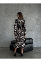 Zebra Pattern Belted Satin Dress 3150