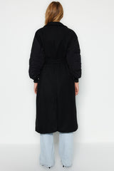 Black Oversize Wide Cut Belted Bomber Sleeve Detailed Long Cache Coat Twoaw24kb00003