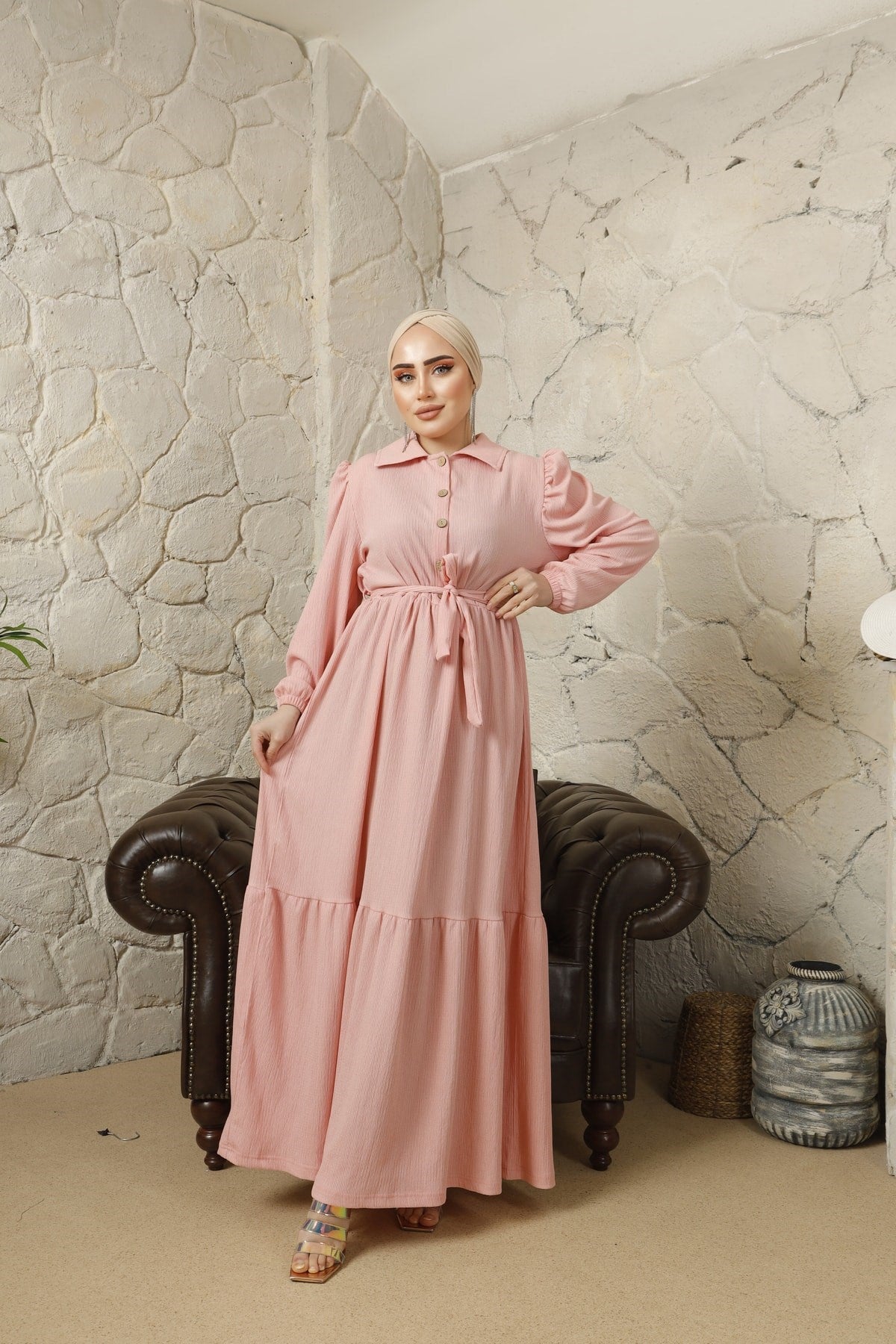 Cotton Shirt Collar Loose Hijab Dress Rge100