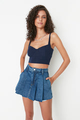 Blue Pleated Regular Waist Denim Shorts Skirt Twoss22sr00163