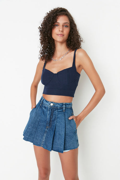 Blue Pleated Regular Waist Denim Shorts Skirt Twoss22sr00163