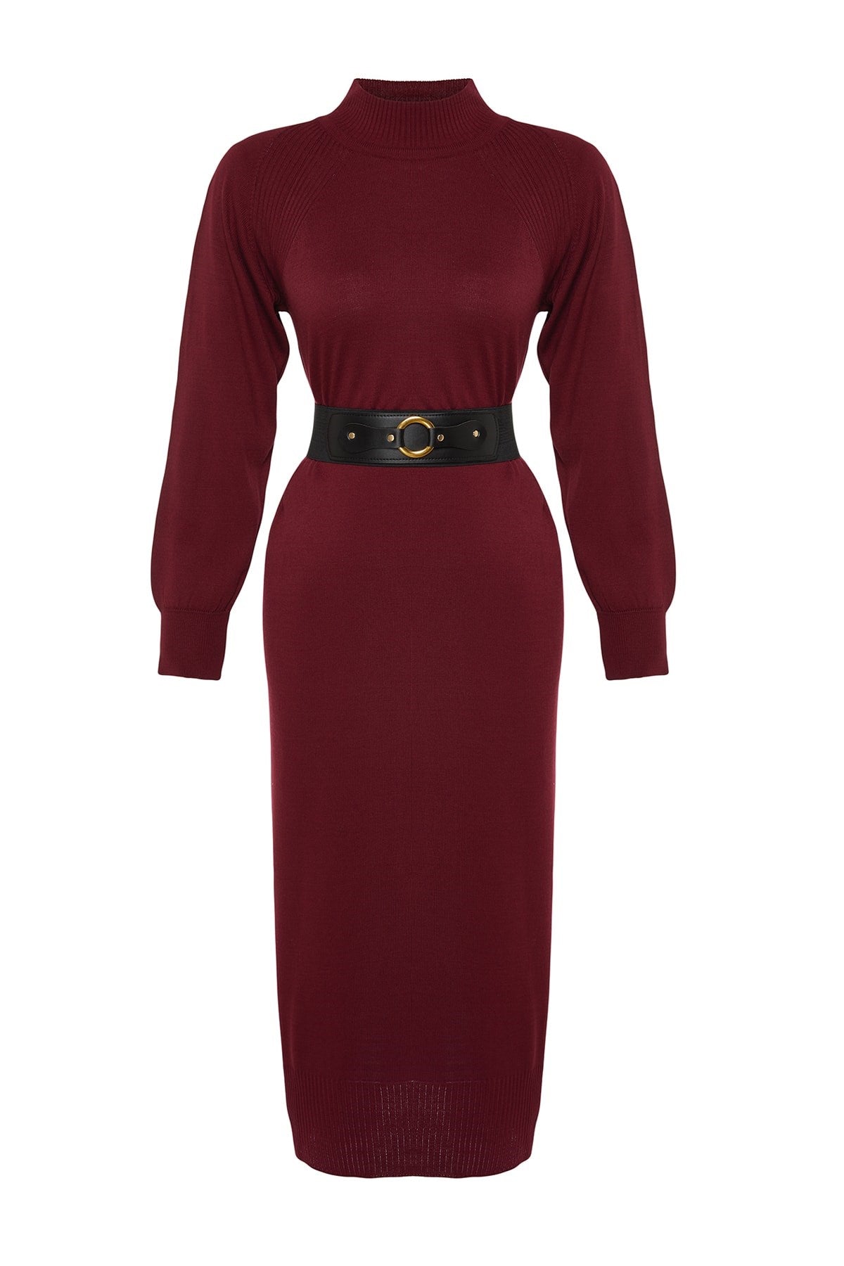 Pomegranate Faux Leather Belted Round Neck Knitwear Dress Tctaw24eb00030