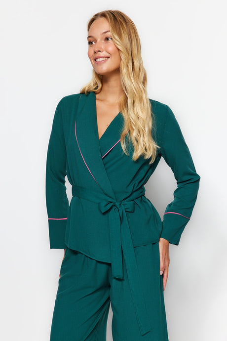 Emerald Green Bibree Detailed Double Breasted Shirt-pants Viscose Woven Sleepwear Set Thmaw22pt1109