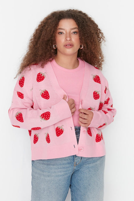 Pink Strawberry Patterned V Neck Knitwear Cardigan Tbbaw23av00028