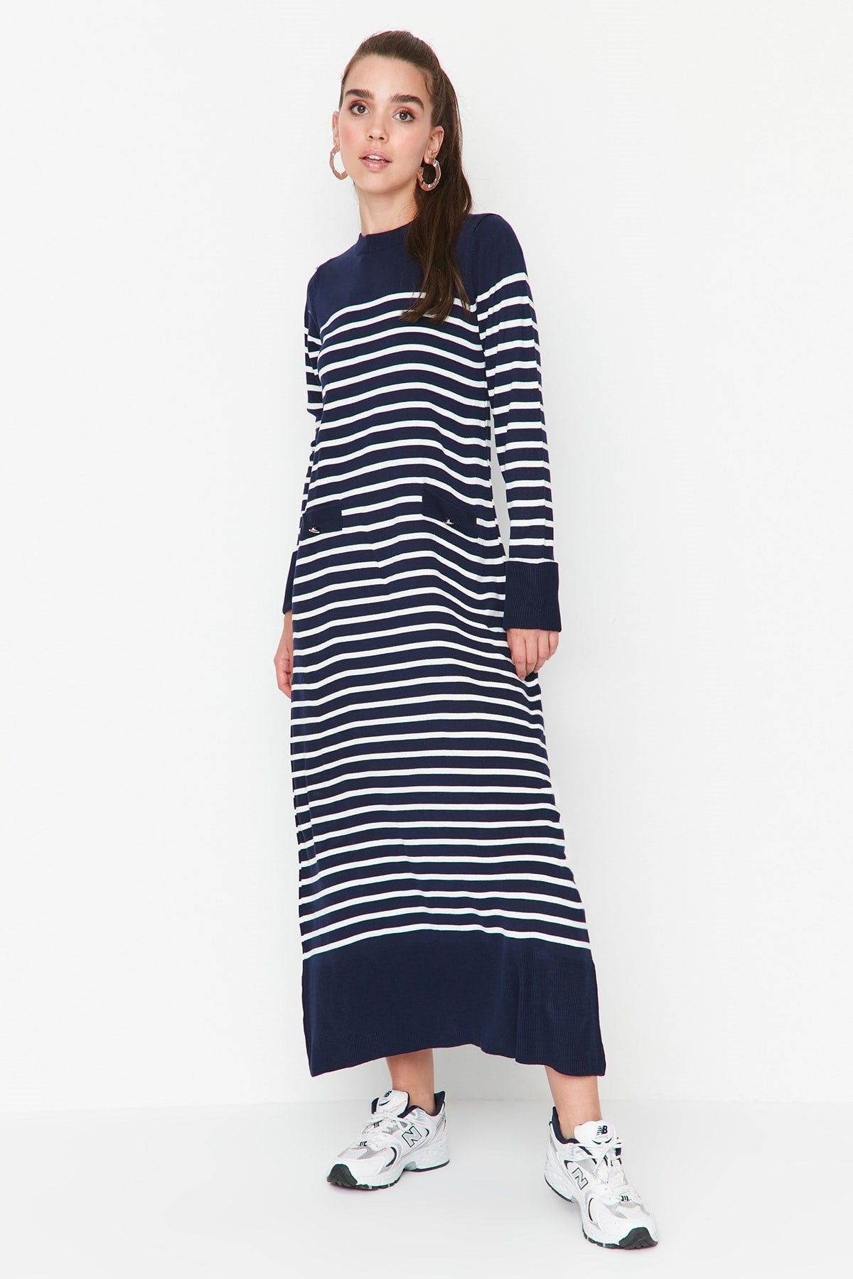 Navy Blue Striped Blouse Collar Knitwear Dress Tctaw23eb00012