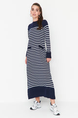 Navy Blue Striped Blouse Collar Knitwear Dress Tctaw23eb00012