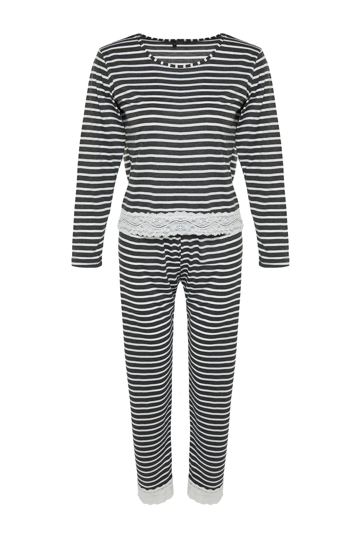 Powder Striped Lace Detailed Tshirt-pants Knitted Pajama Set Thmaw24pt00183