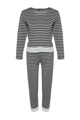 Powder Striped Lace Detailed Tshirt-pants Knitted Pajama Set Thmaw24pt00183