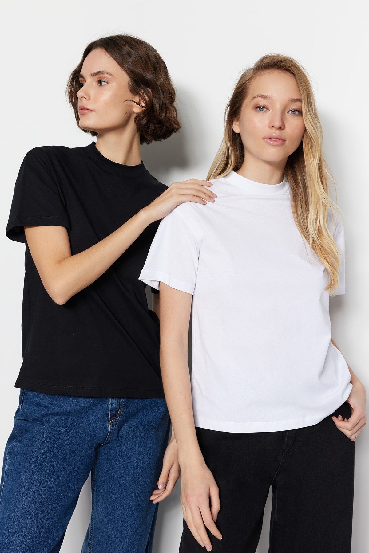 White-black 2-pack 100% Cotton Basic Stand-up Collar Knitted T-shirt Twoss20ts1500