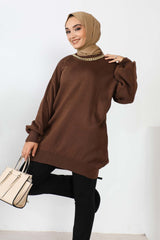 Burgundy Balloon Sleeve Collar Chain Knitwear Tunic Imj002467