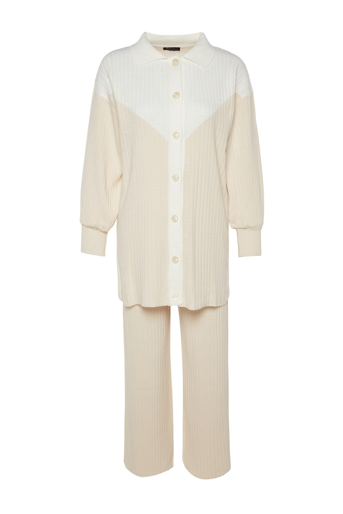 Light Beige Color Block Ribbed Cardigan-pants Knitwear Bottom-top Suit Tctaw24us00090