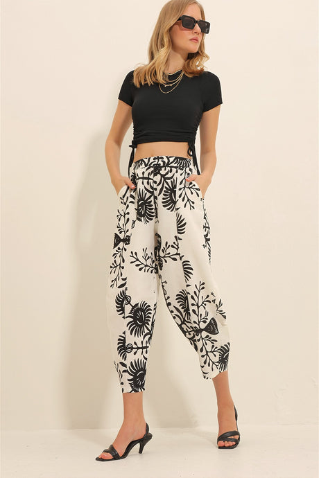 Women's Black Patterned Loose Fit Linen Pants Alc-x11343