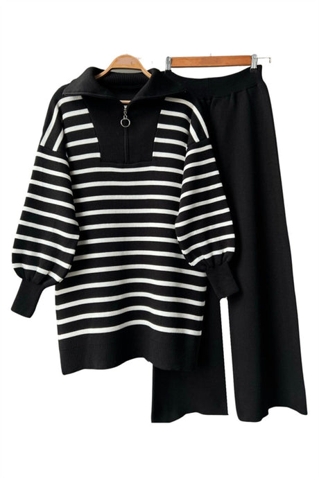 Balloon Sleeve Striped Half Zipper Black Women's Knitwear Duo Suit Txf33dac631526