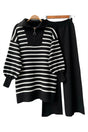 Balloon Sleeve Striped Half Zipper Black Women's Knitwear Duo Suit Txf33dac631526