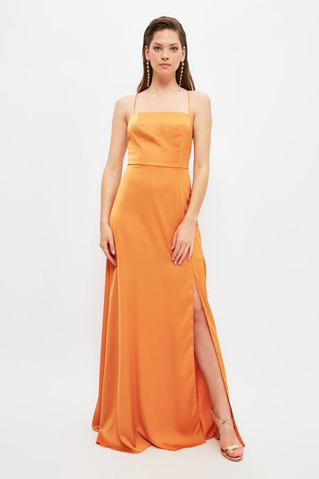 Cinnamon Waistband/skater Lined Woven Satin Long Night Evening Dress Tprss21ae0309