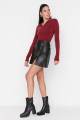 Black Zipper Faux Leather Woven Shorts Skirt Twoaw23sr00010