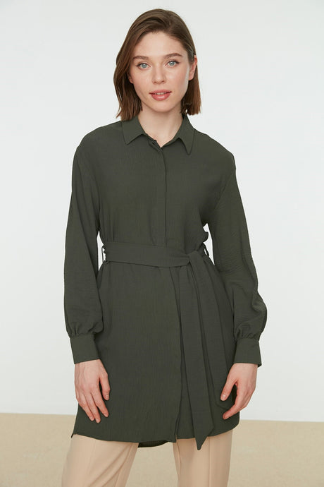 Green Belted Hidden Pat Woven Shirt Tctss21tn0049