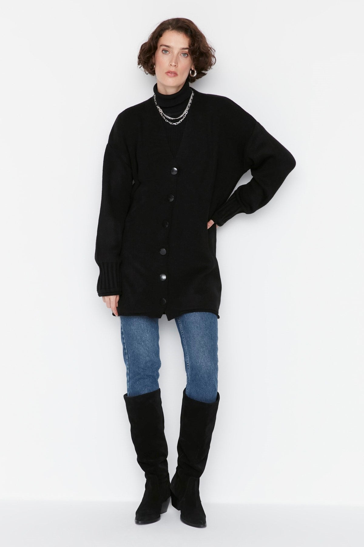 Black Button Closure Knit Cardigan Tctaw23hi00001