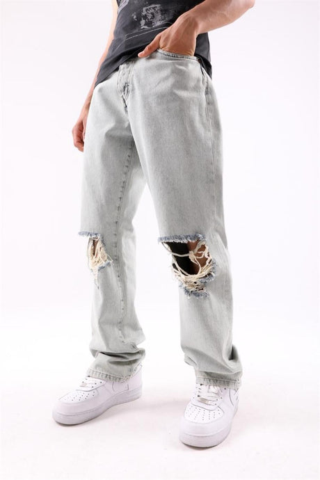 Ripped Detail Ice Blue Baggy Jean Flaw-140-002-006