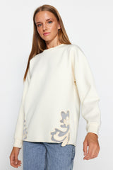 Ecru Lace Detailed Diver/scuba Knitted Sweatshirt Tctaw24tw00008