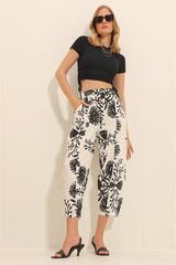 Women's Black Patterned Loose Fit Linen Pants Alc-x11343