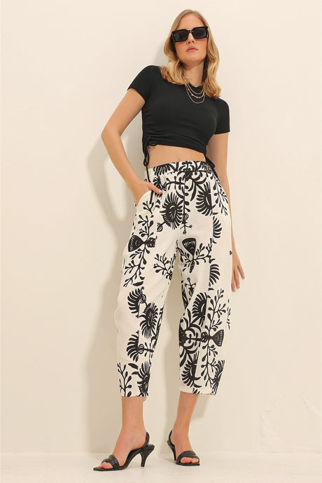 Women's Black Patterned Loose Fit Linen Pants Alc-x11343