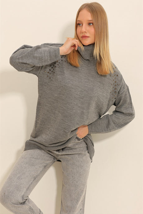 Women's Grey Turtleneck Shoulder Pleated Oversize Knitwear Sweater Alc-x11338