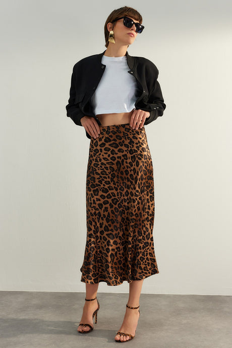 Brown Premium High Quality Animal Print Satin Midi Woven Skirt Twoaw24et00140