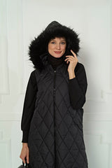 Fur Hooded Quilted Detail Black Hijab Cap 3621 T22kb3m3621