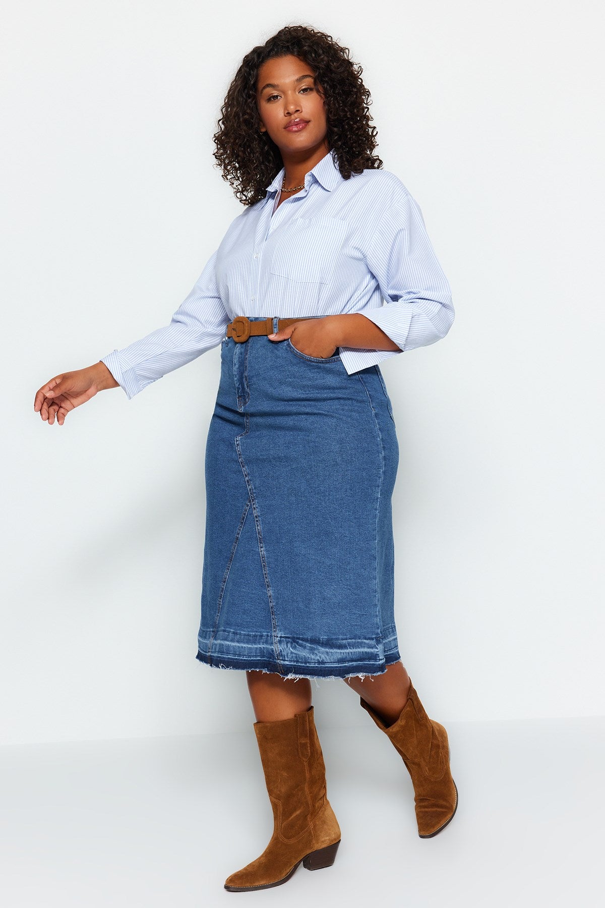 Blue Color Block Denim Skirt Tbbaw24az00025