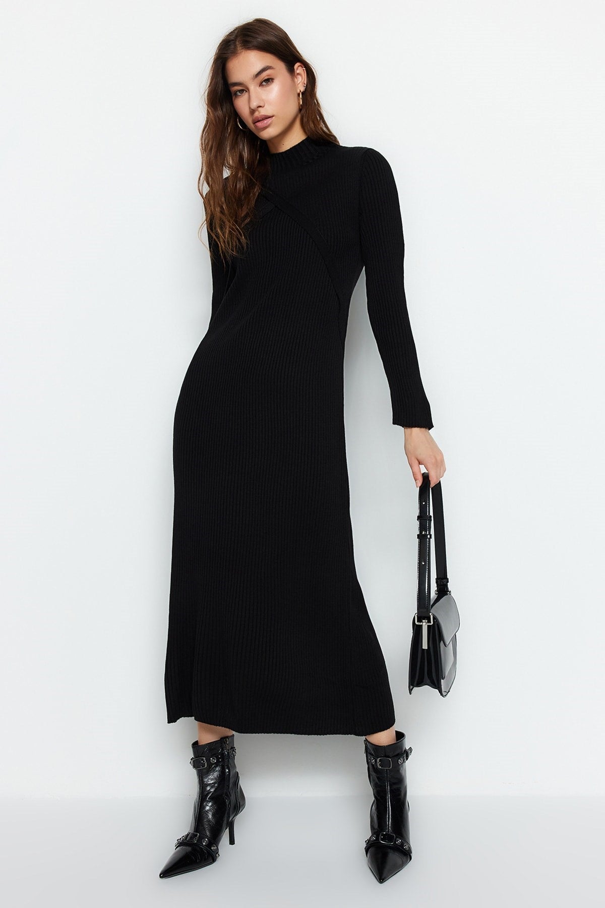 Black Double Neck Stitching Detailed Knitwear Dress Tctaw24eb00011