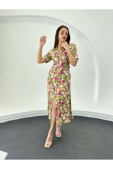 Green Spring Floral Belted Dress 3008