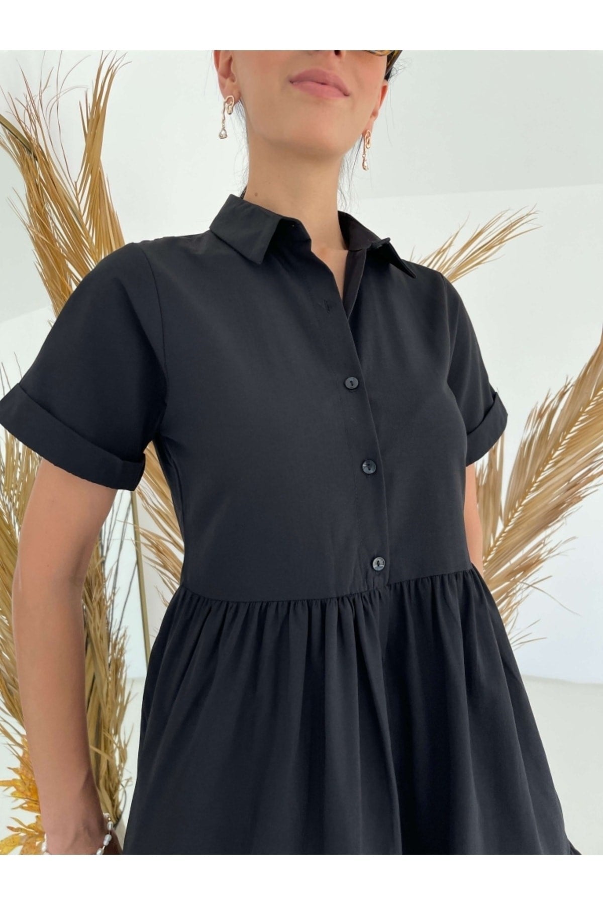 Black Short Sleeve Shirt Dress 5540