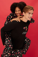 Black Soft Feel Premium Christmas Themed Shirt-pants Knitted Sleepwear Set Thmaw24pt00051