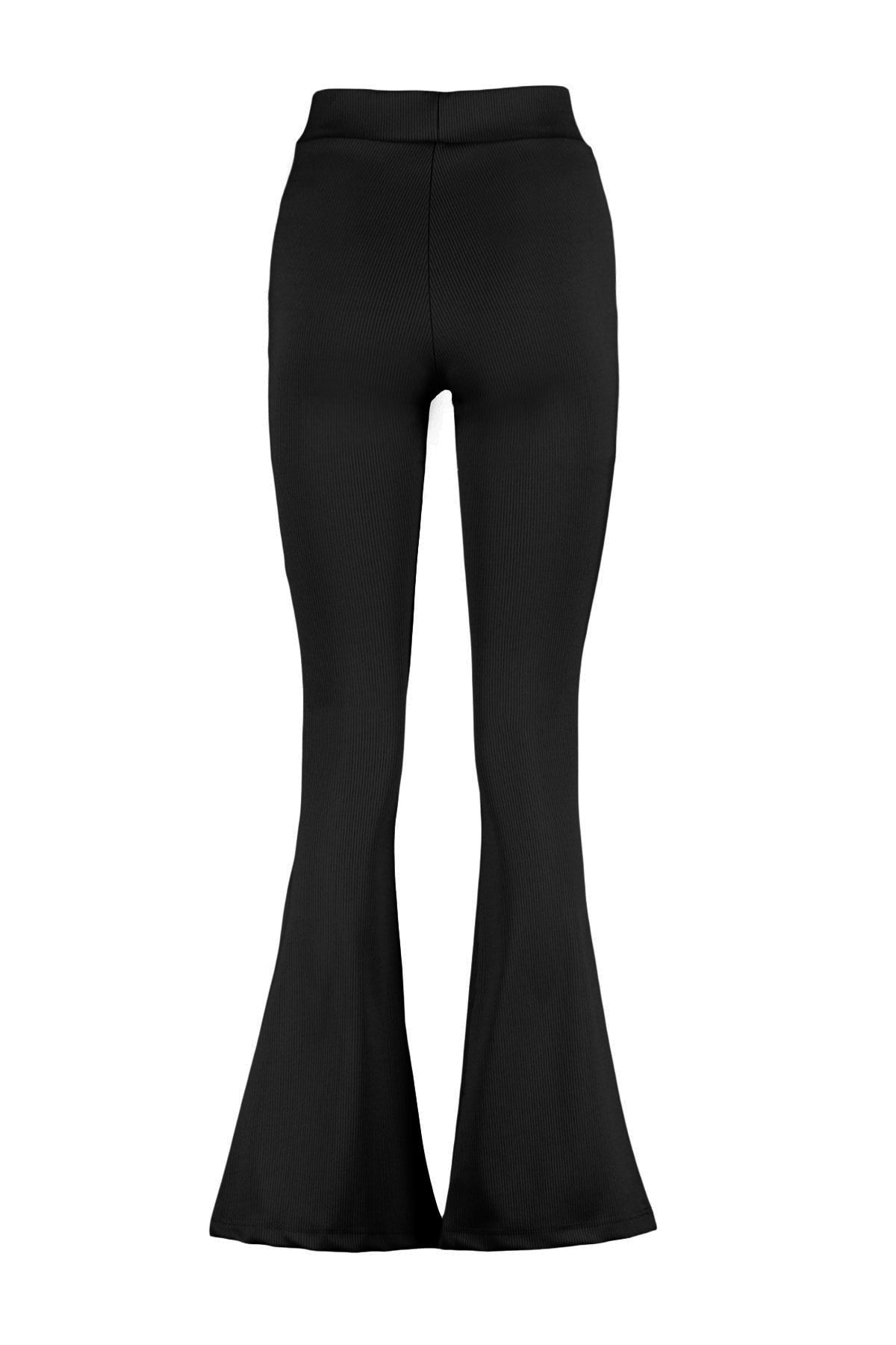 Black Ribbed Flare/spanish Leg High Waist Flexible Knitted Leggings Pants Twoss23pl00135