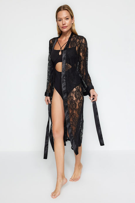 Black Premium Satin Band Detailed Lace Knitted Dressing Gown Thmaw24sb00011