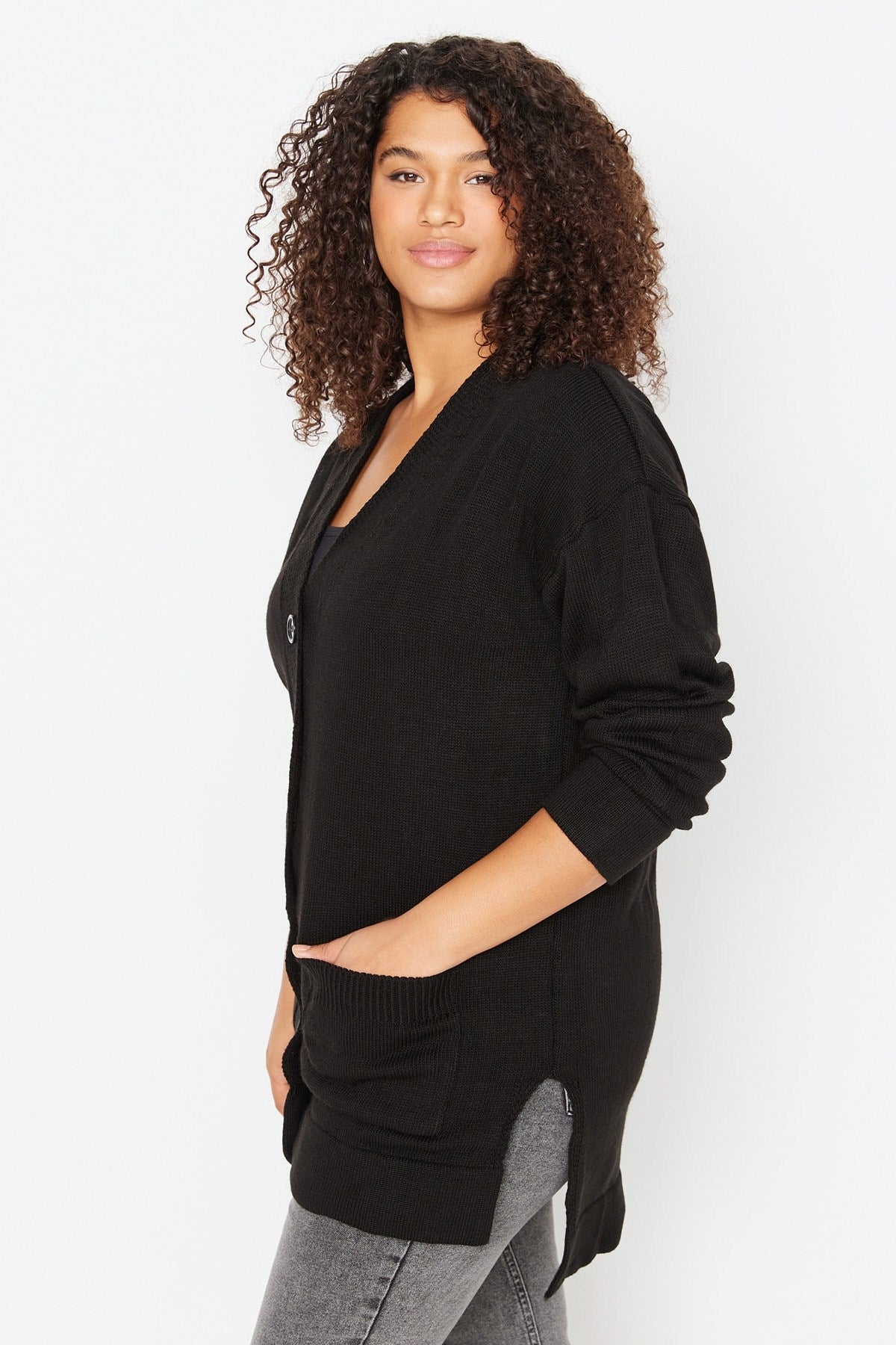 Black V Neck Pocket Knitwear Cardigan Tbbaw23av00038