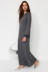 Anthracite Button Detailed Casual Pattern Knitwear Dress Tctaw24eb00125