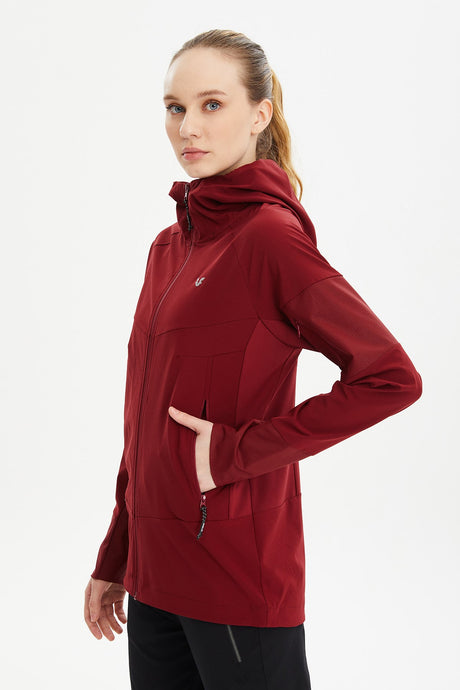 Women's Burgundy Hooded Woven Workout Solid Color Running Tracksuit Top Outdoor Sports Jacket 0724 T