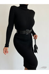 Belt Detail Turtleneck Black Color Knitwear Midi Length Evening Dress And Graduation Dress 0167 712 