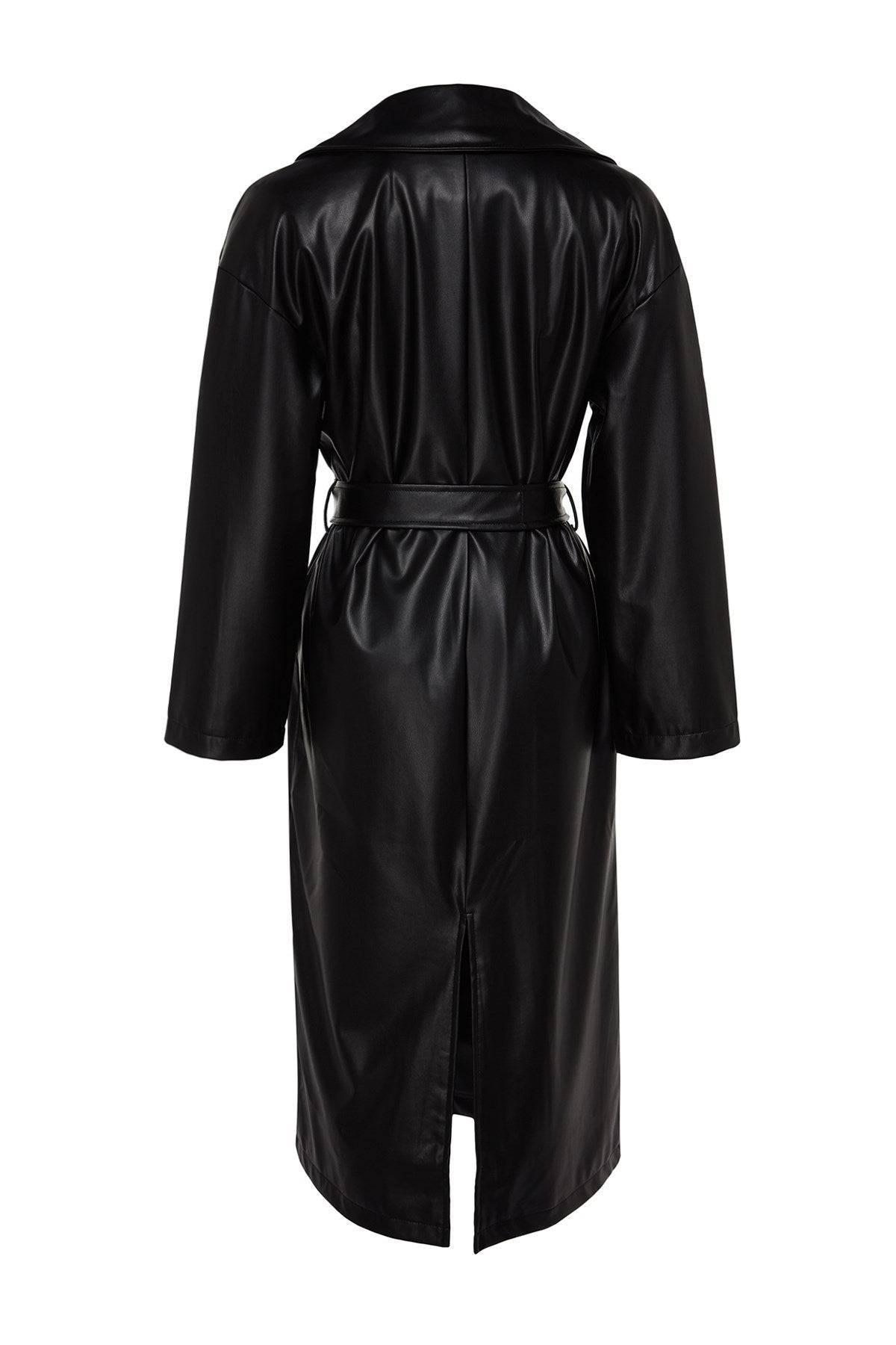 Black Oversize Wide Cut Belted Faux Leather Trench Coat Twoaw23tr00016