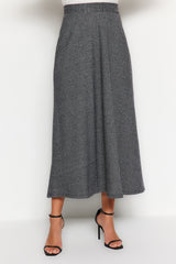 Grey High Waist Button Closure A-line Knitted Skirt Tctaw23ee00052