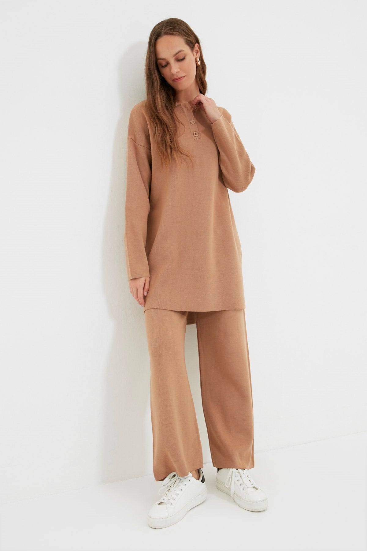 Camel Polo Neck Tunic-pants Knitwear Suit Tctaw22us0076