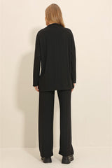 Women's Black Front Buttoned Knitwear Cardigan And Palazzo Pants Duo Suit Alc-x11323