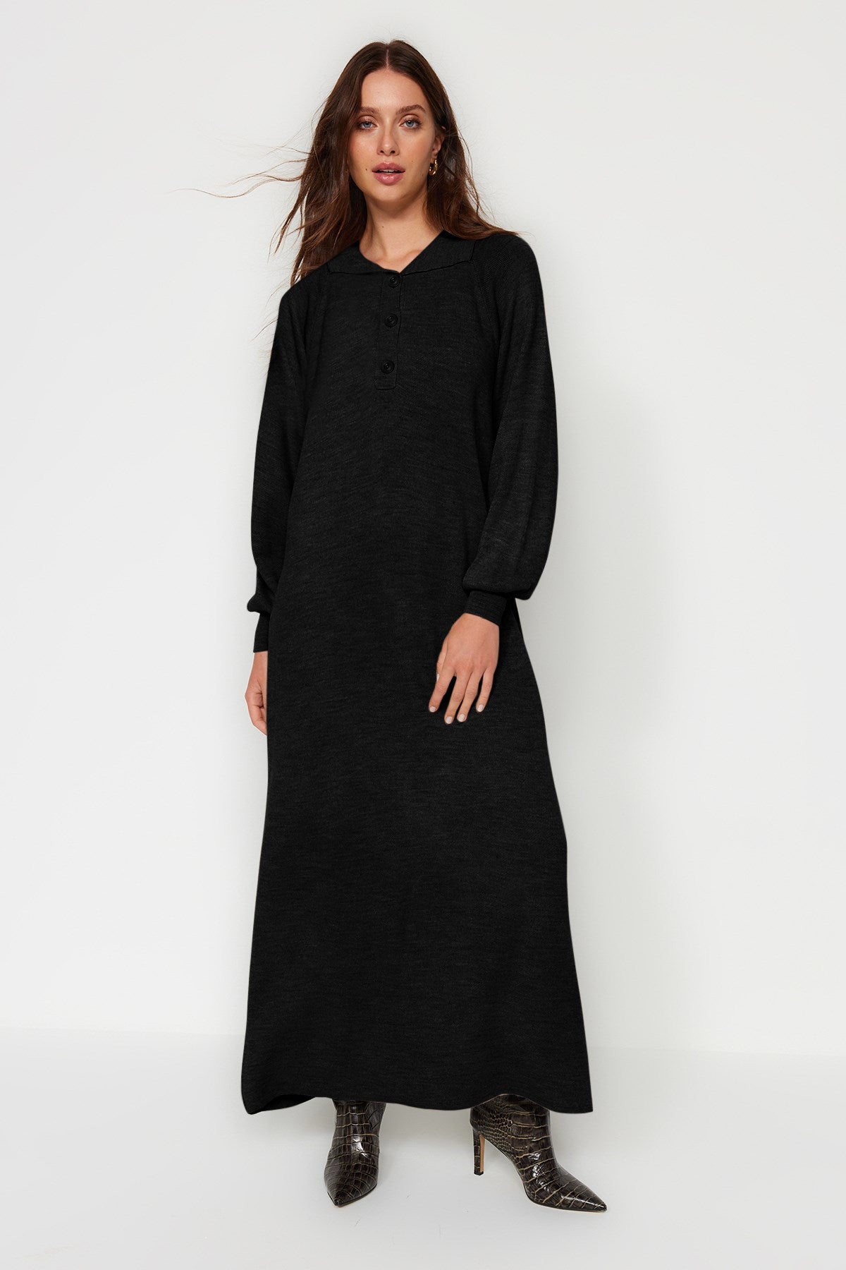 Anthracite Button Detailed Casual Pattern Knitwear Dress Tctaw24eb00125