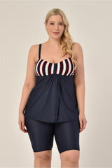 Women's Plus Size Navy Striped Jumper Double Breasted Detailed Shorts Tankini 20231981