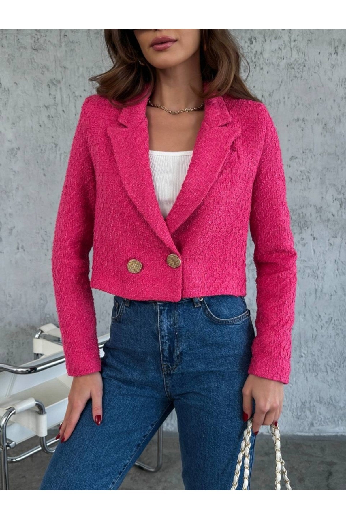 Fuchsia Gold Double Button Crop Tweed Jacket 9163