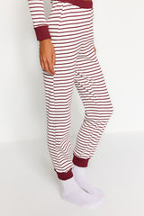 Burgundy Striped Camisole Knitted Pajama Set Thmaw24pt00141