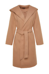 Camel Oversize Wide Cut Standard Size Hooded Belted Long Cashmere Coat Twoaw24kb00017