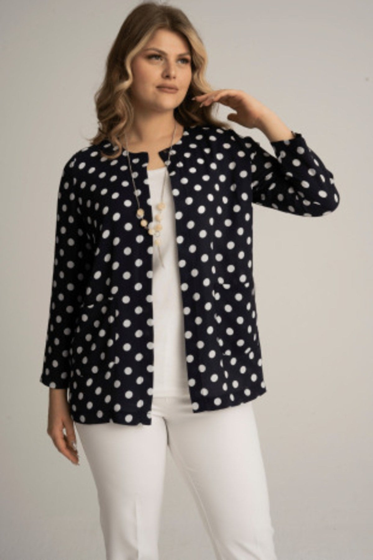 Plus Size Polka Dot Print Jacket And Blouse Duo Set 230650012